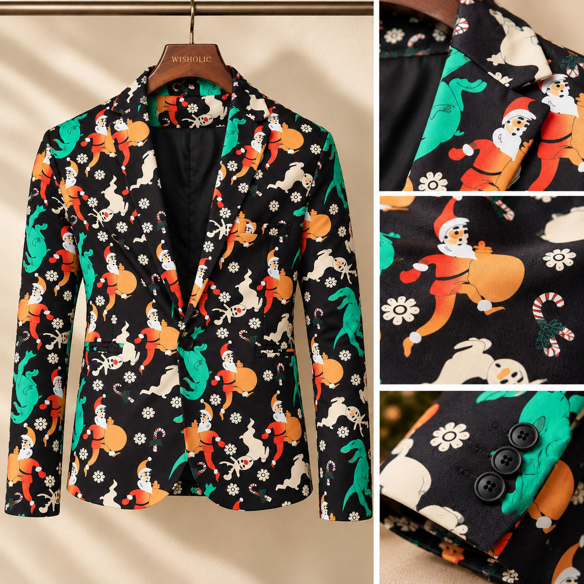 Close-up product details of Wisholic Christmas suit jacket showing notch lapel, sleeve buttons, and jacquard print