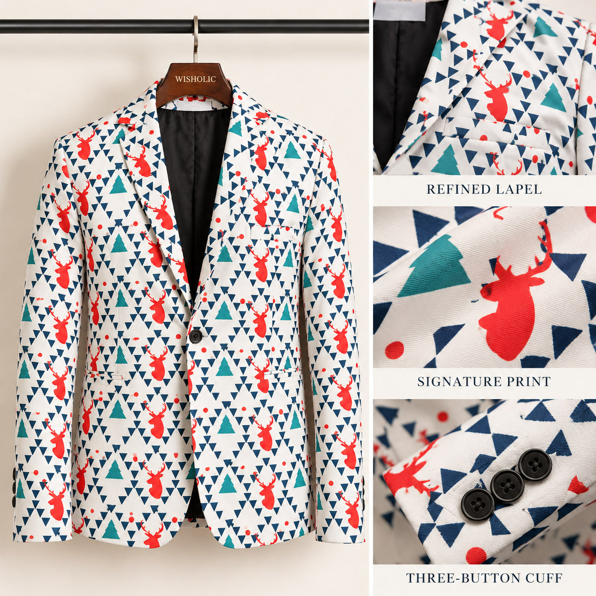 White Geometric Reindeer Print Suit