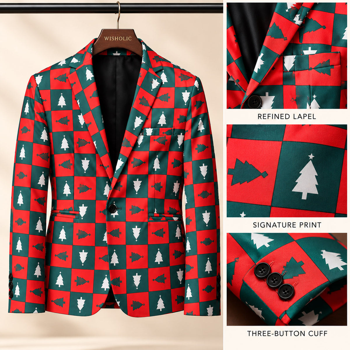 Craftsmanship details of Wisholic Christmas tree print blazer including notch lapel, checkered pattern, and three-button cuffs