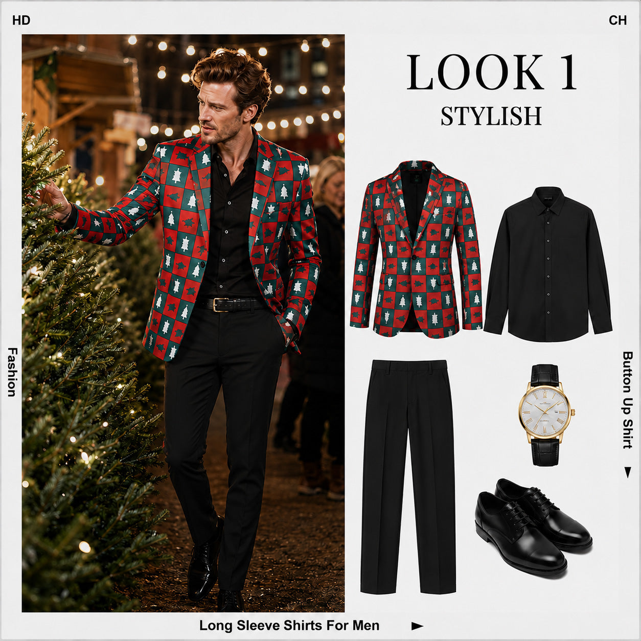 Styling Guide for WISHOLIC Christmas Tree Print Suit Jacket with Black Shirt and Trousers | WISHOLIC