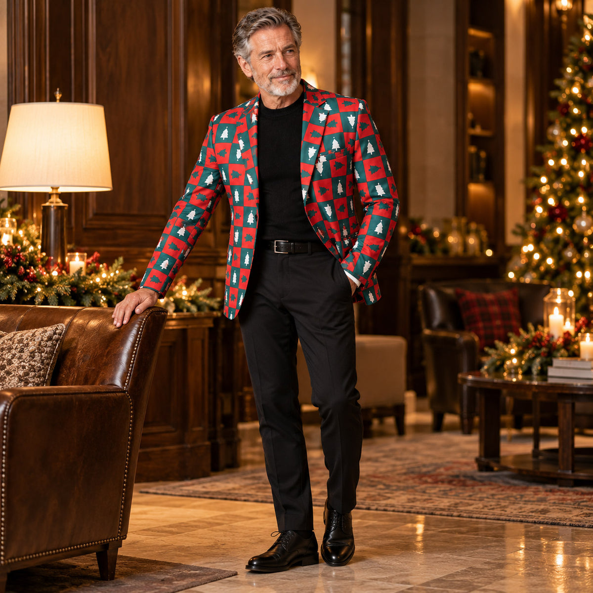 Wisholic festive Christmas tree print blazer paired with classic black dress pants and leather shoes