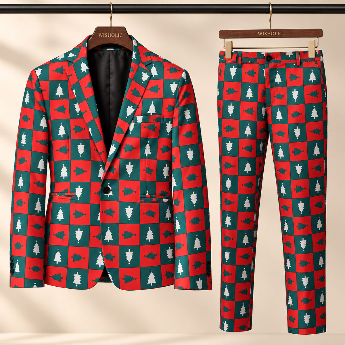 Wisholic festive red and green checkerboard Christmas tree pattern 2-piece suit jacket and trousers set on hangers