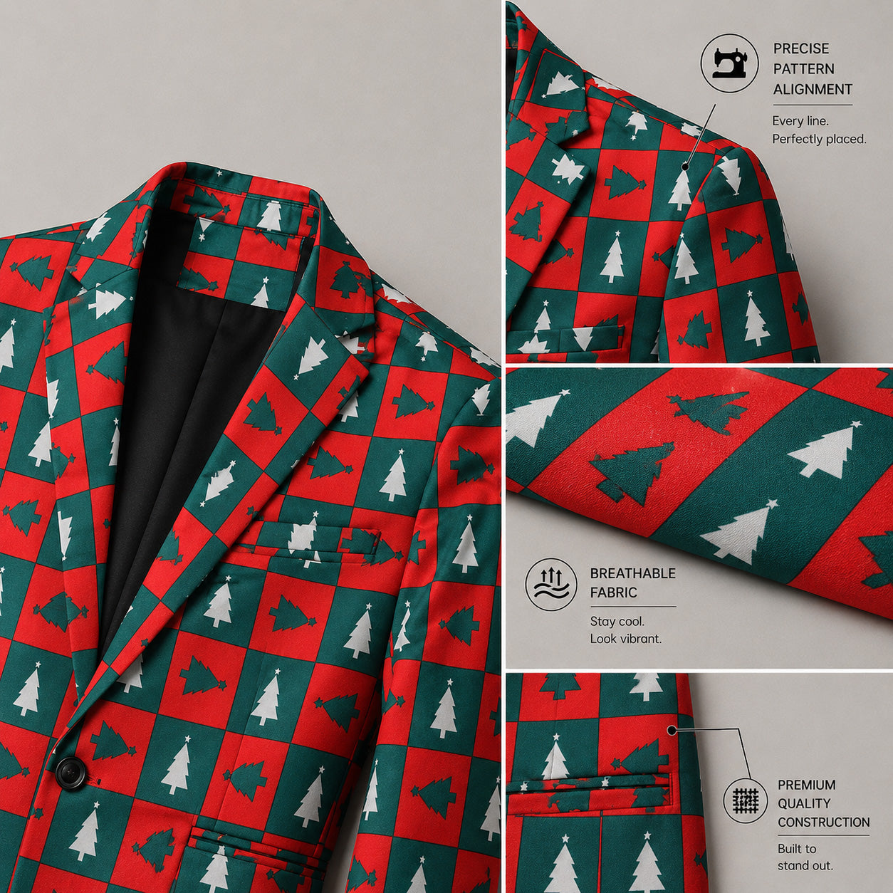 Fabric and Pattern Alignment Details of WISHOLIC Men's Christmas Tree Printed Suit | WISHOLIC