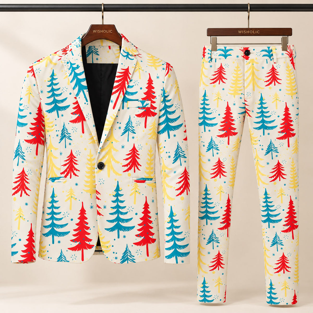  Elfenbeinfarbener Herren-Weihnachtsanzug mit Tannenbaum-Muster