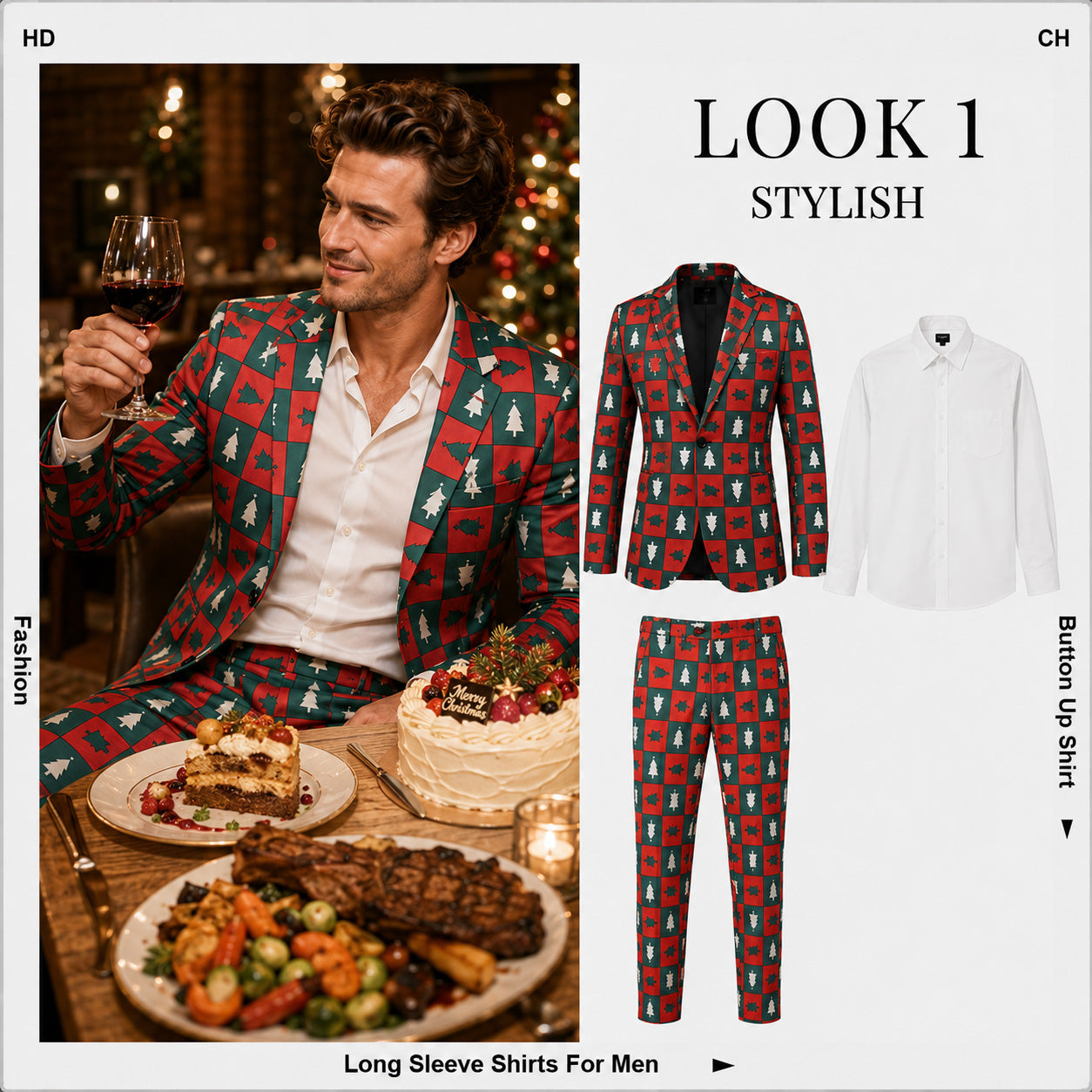 Styling Guide for WISHOLIC Christmas Tree Printed Suit paired with White Shirt and Pants | WISHOLIC