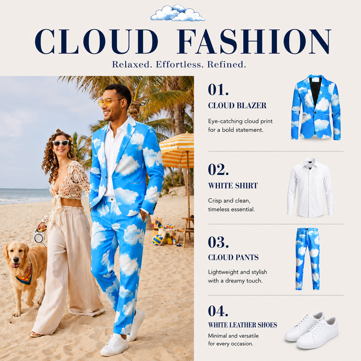 WISHOLIC cloud fashion style guide featuring a couple on the beach and a product breakdown of the cloud blazer, white shirt, and pants.
