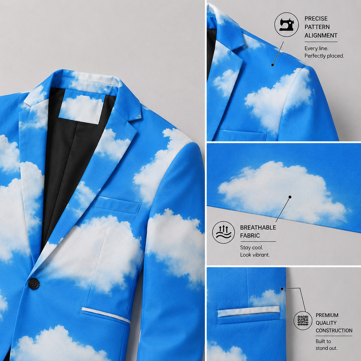 Detailed view of the WISHOLIC cloud print blazer highlighting precise pattern alignment, breathable fabric, and premium quality construction.