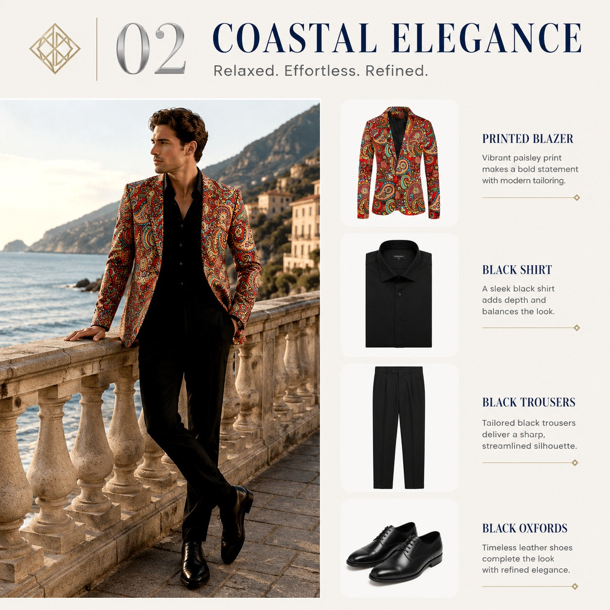 Lookbook layout titled Coastal Elegance showcasing a premium Wisholic paisley suit jacket styled with tailored black trousers and black leather shoes against a Mediterranean sea view.
