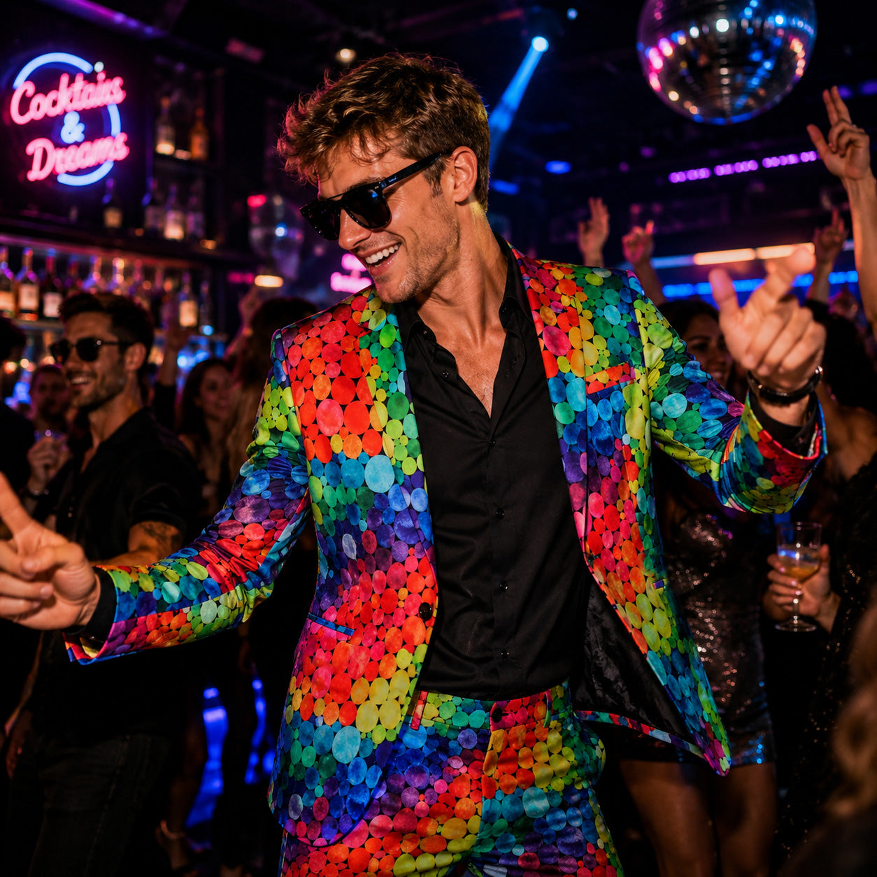 WISHOLIC men's bright rainbow polka dot suit set styled with sunglasses for a night out, dancing at a cocktail club or party.