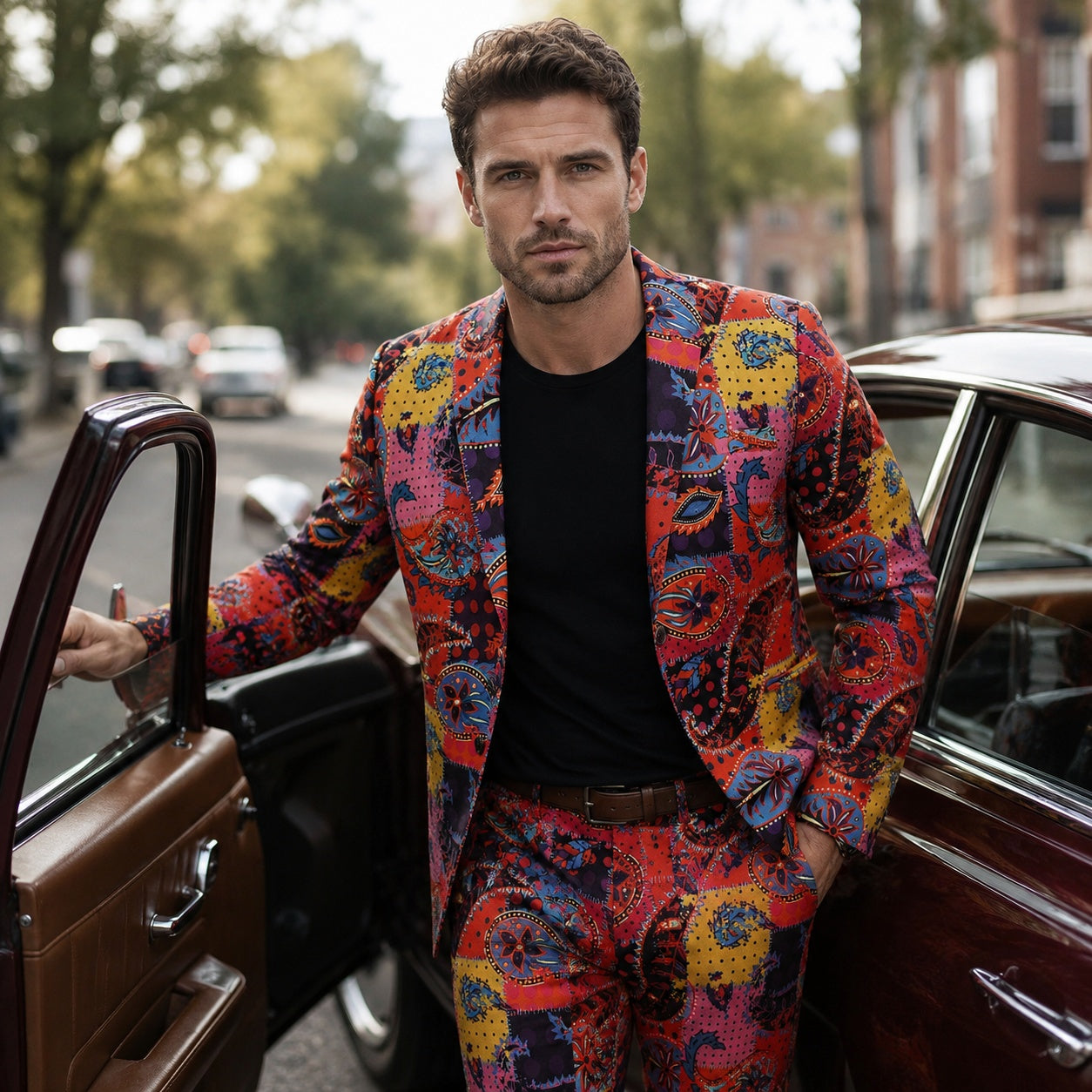 Male model wearing Wisholic colorful printed statement suit standing next to a vintage luxury car, elite editorial style and premium men's fashion lifestyle.