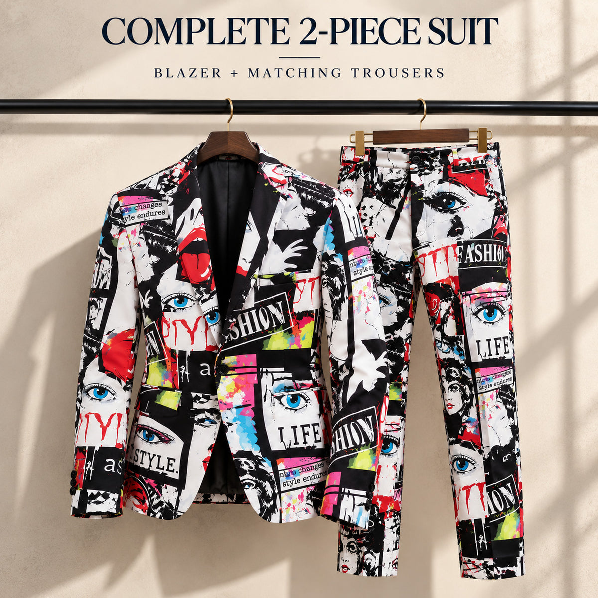 Wisholic complete 2-piece suit featuring graffiti print blazer and matching printed trousers on clothing rack.