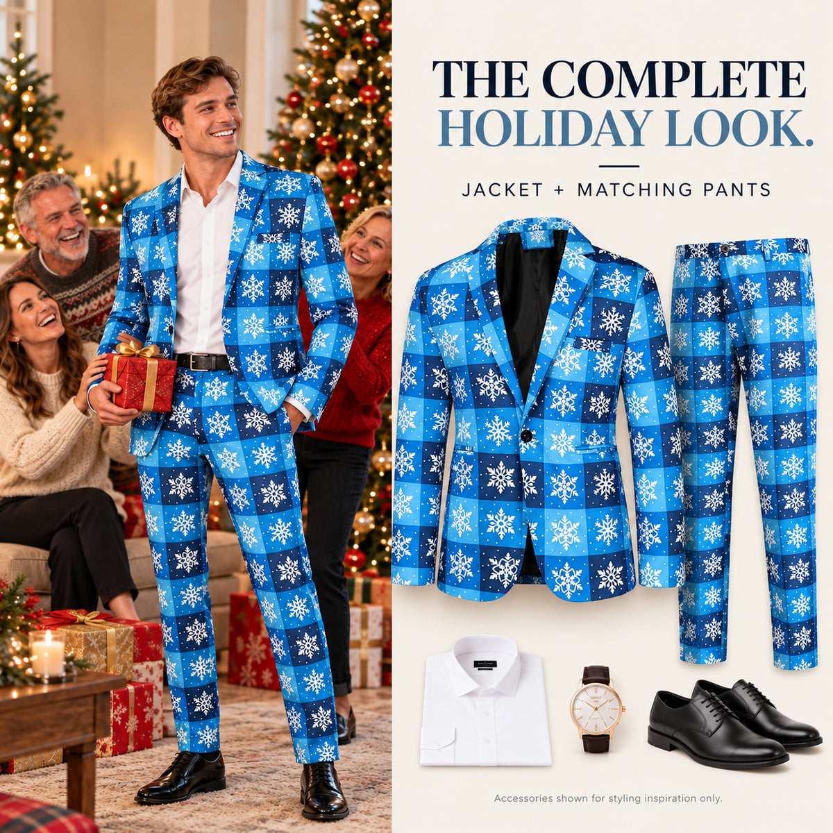 Wisholic complete holiday look featuring a men's blue snowflake printed suit jacket, matching pants, white dress shirt, and shoes