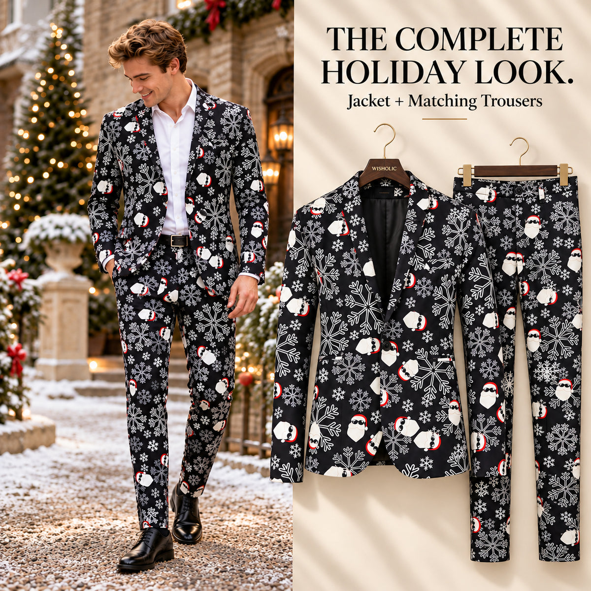 Wisholic complete holiday look featuring matching printed suit jacket and trousers with Santa Claus and snowflake pattern.