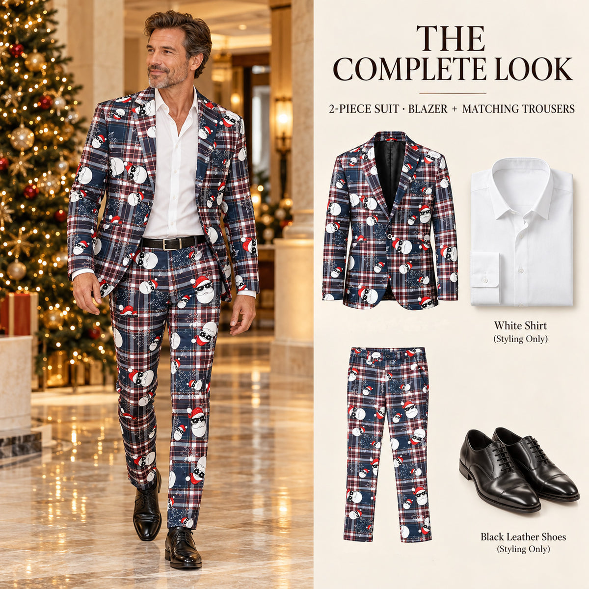 Wisholic The Complete Look 2-piece men's Christmas suit combo with model wearing full outfit alongside hanging blazer and matching pants.