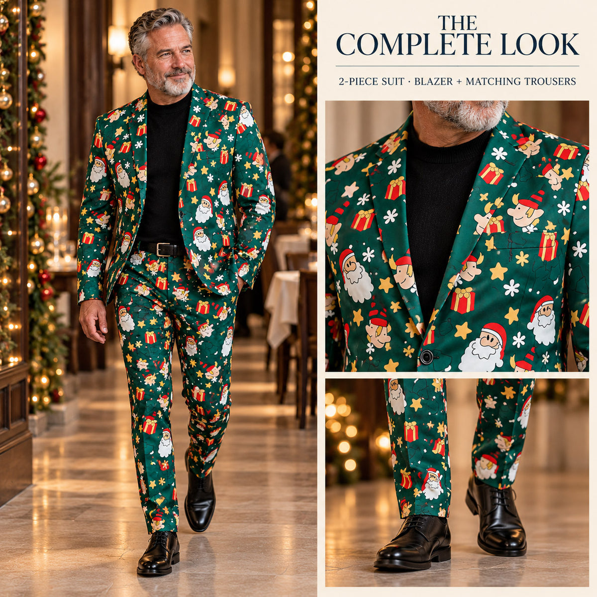 The Complete Look Wisholic 2-piece Christmas suit set showing full outfit matching blazer trousers and dress shoes