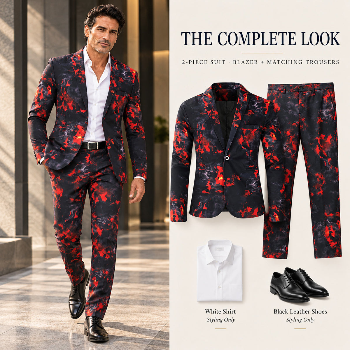 Wisholic complete look guide featuring red flame printed 2-piece suit, white shirt, and black leather shoes