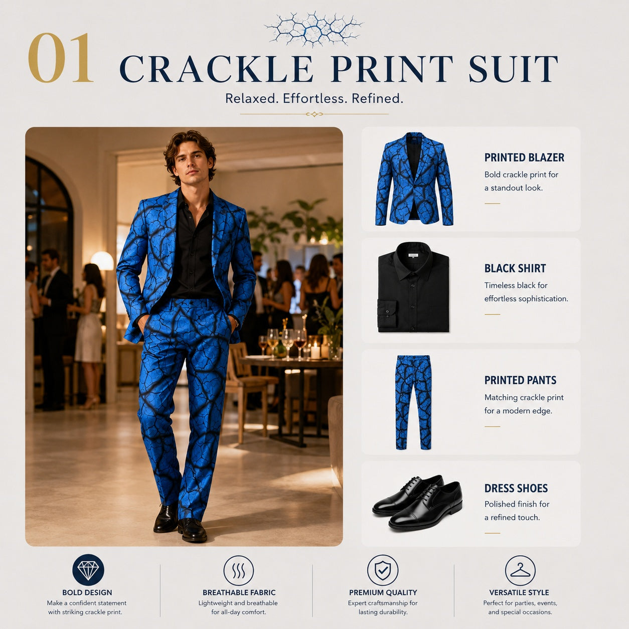 WISHOLIC Style Guide 01: Crackle Print Suit set including matching blazer and pants for an effortless and refined evening look.