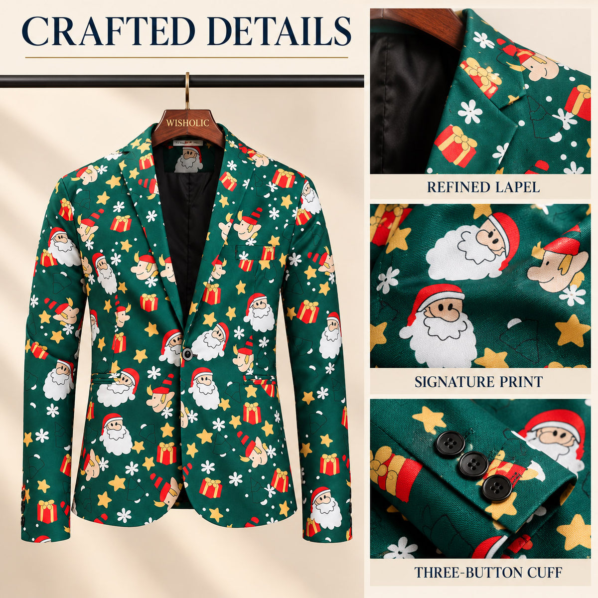 Wisholic suit craftsmanship details highlighting refined lapel signature Santa print and three-button cuff