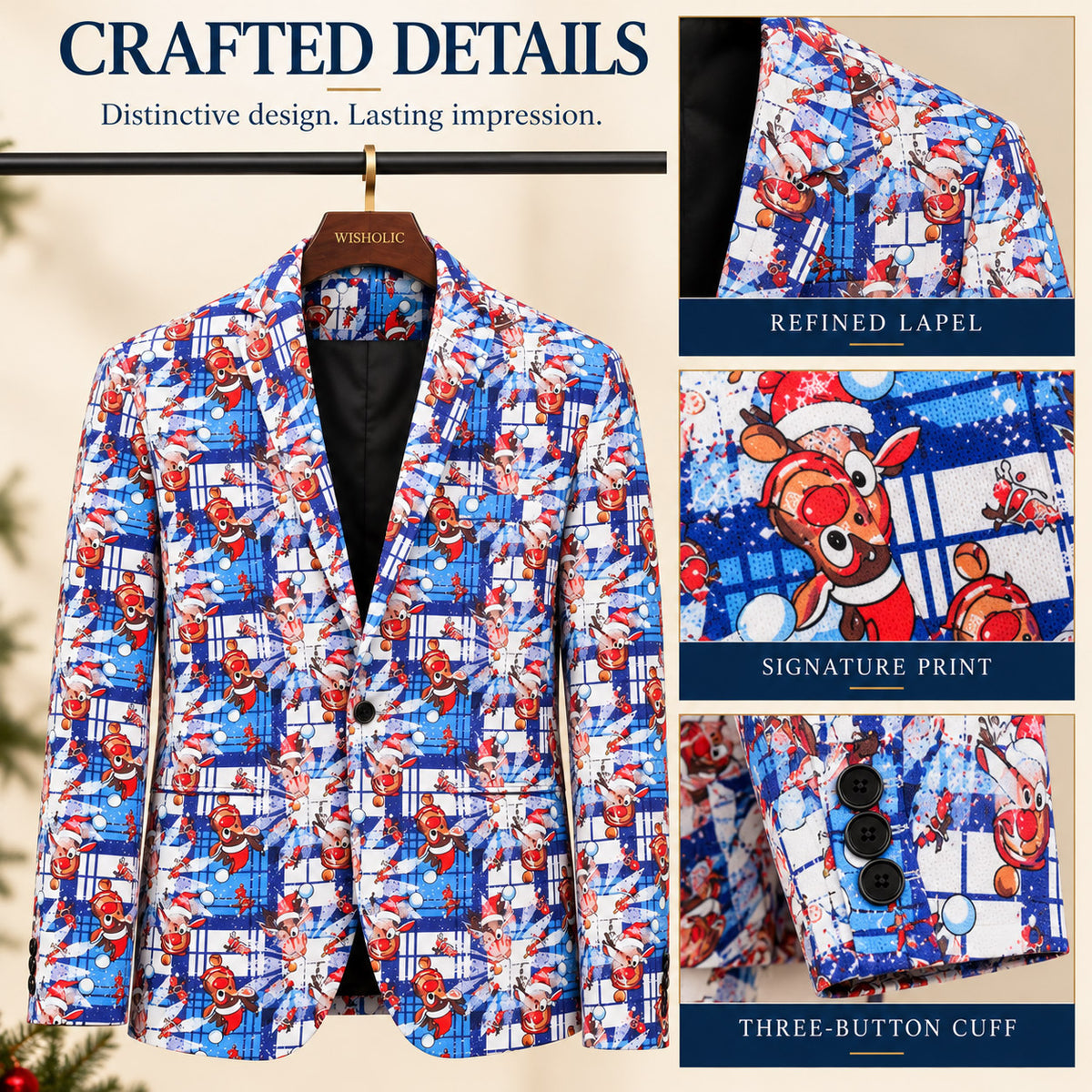 Close-up details of Wisholic novelty blazer highlighting notched lapel, vibrant reindeer festive print, and three-button cuff