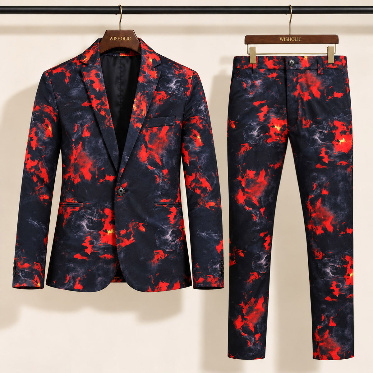 WISHOLIC crimson flame print men's two-piece suit with matching blazer and trousers displayed on wooden hangers