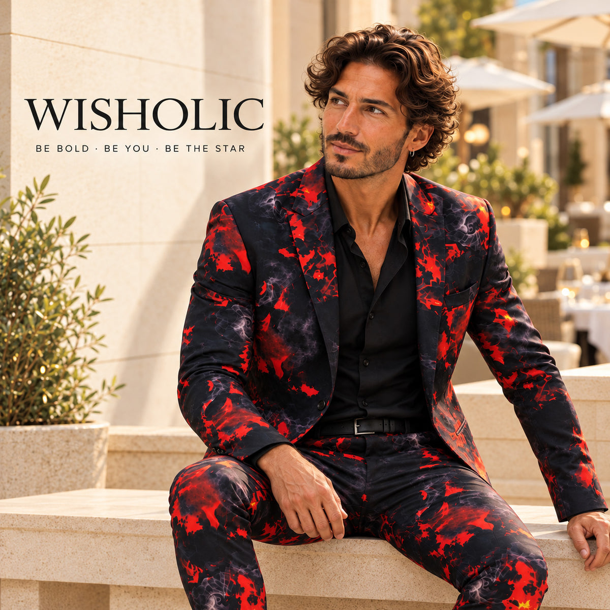 WISHOLIC crimson flame statement suit worn with a black shirt in a luxury outdoor terrace lifestyle setting