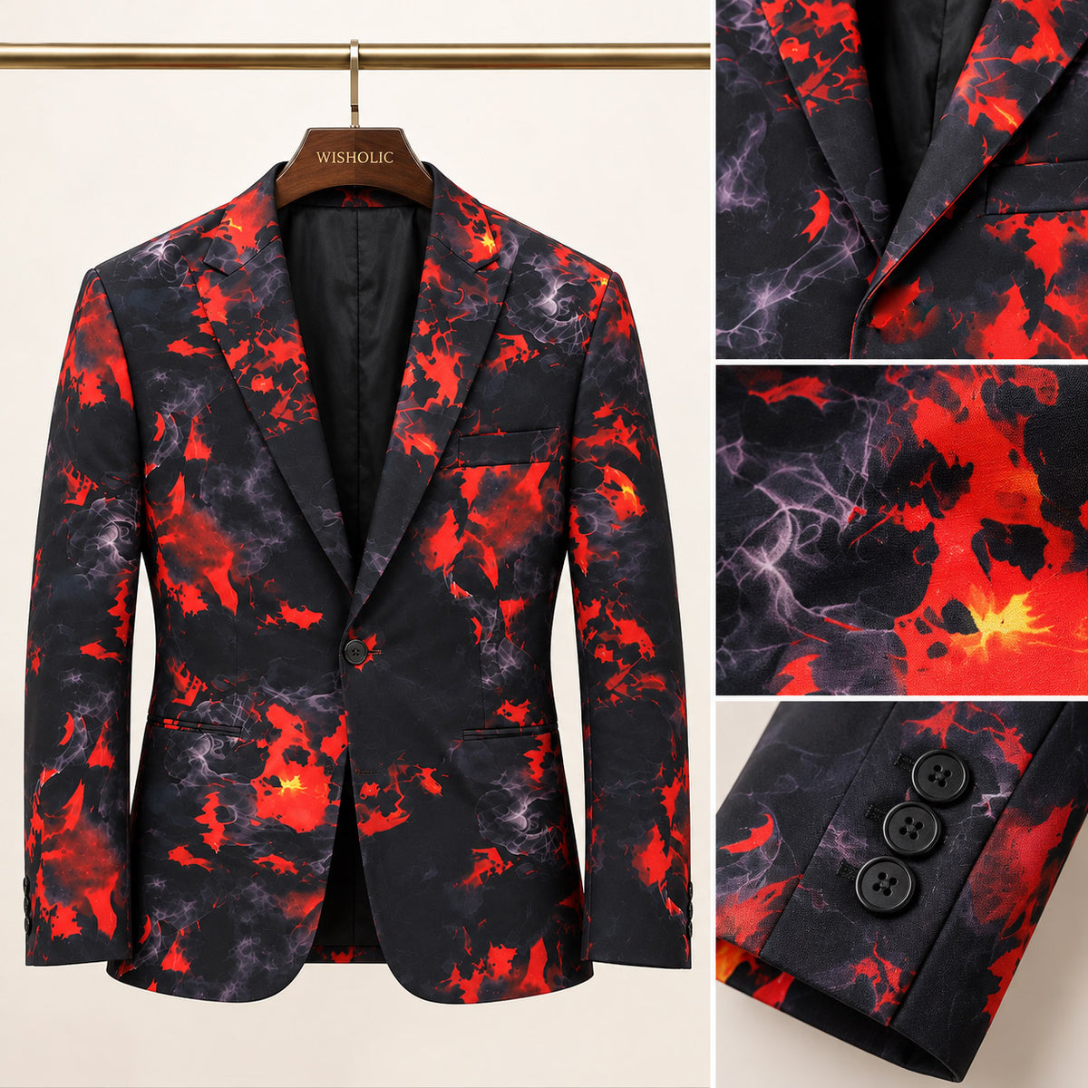 WISHOLIC crimson flame print suit jacket showing notched lapels, red and black patterned fabric and three-button cuff detail