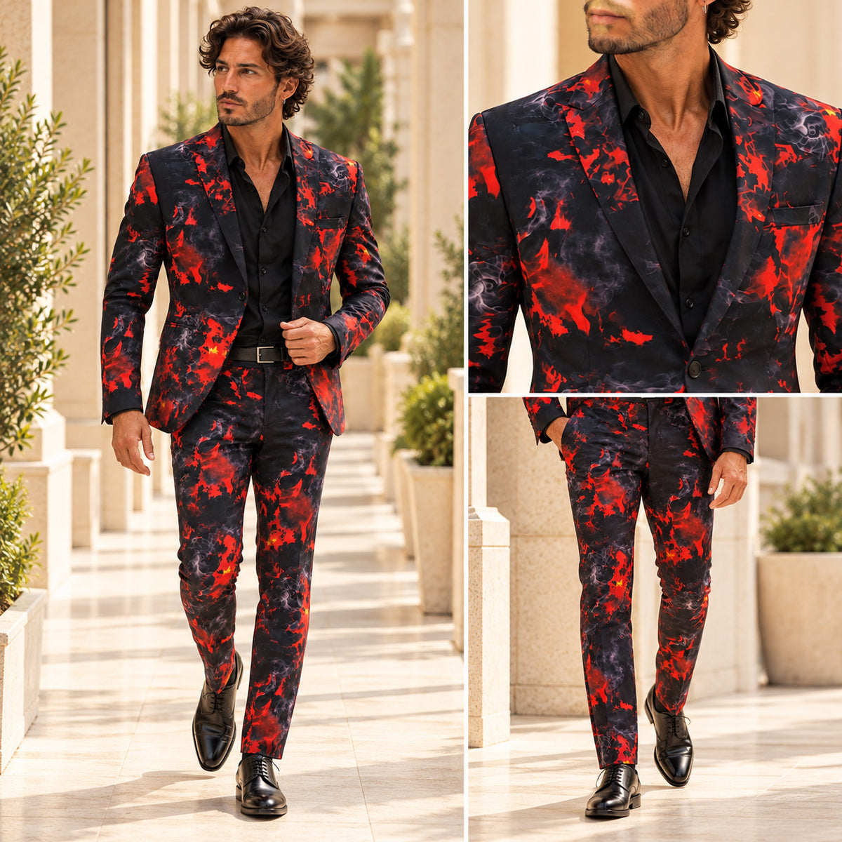 WISHOLIC men's crimson flame print suit complete look with matching trousers, black shirt and close-up styling details