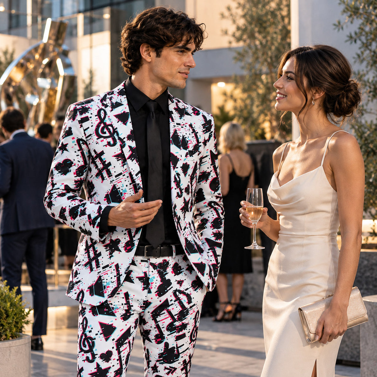Model wearing Wisholic glitch musical notes suit enjoying a drink at a modern evening cocktail party[cite: 16]