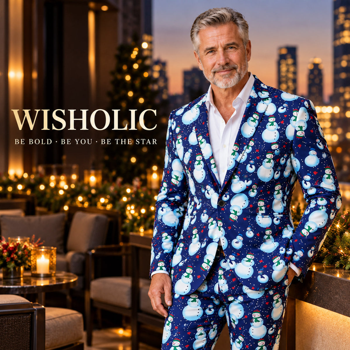 Wisholic branded men's statement snowman Christmas suit on terrace lounge with holiday city lights in the background