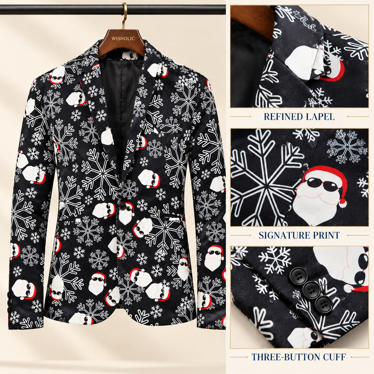 Close-up craftsmanship details of Wisholic holiday suit jacket highlighting the refined notch lapel, signature Santa print, and three-button cuff