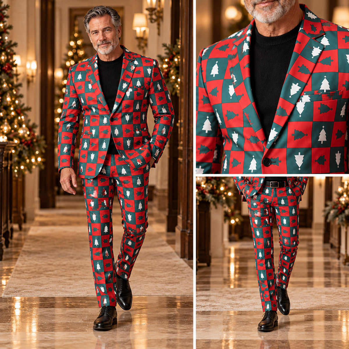 Wisholic men's red and green Christmas tree patterned suit showing full-body fit and close-up lapel details