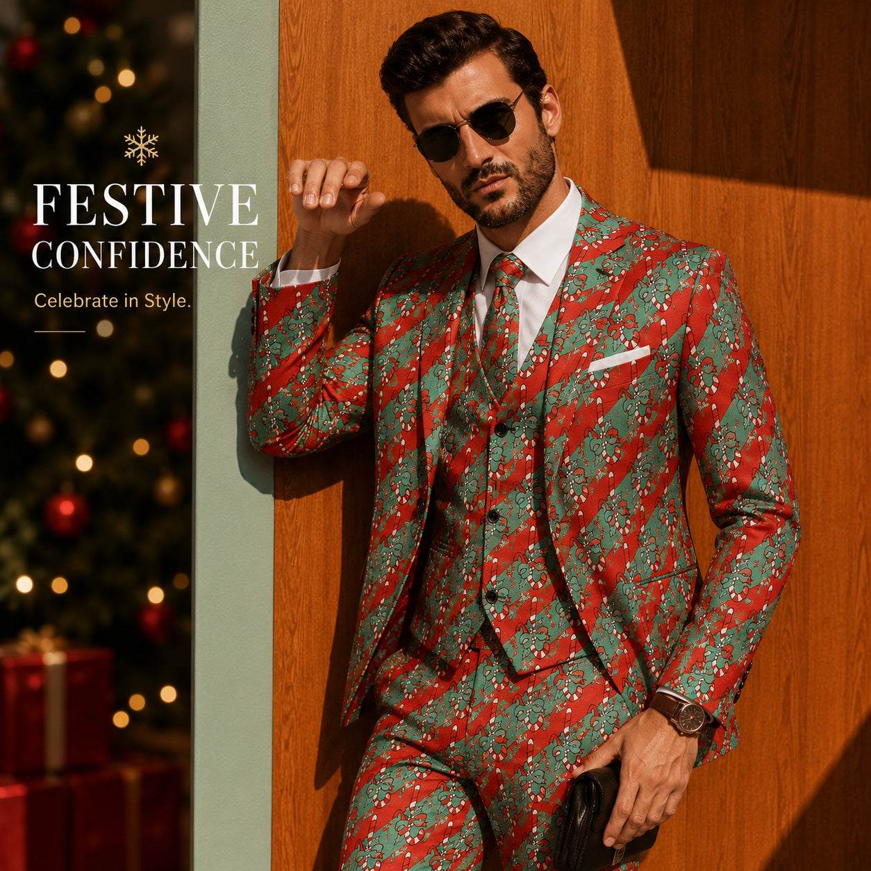 WISHOLIC Festive Confidence men's Christmas printed suit with sunglasses near holiday tree