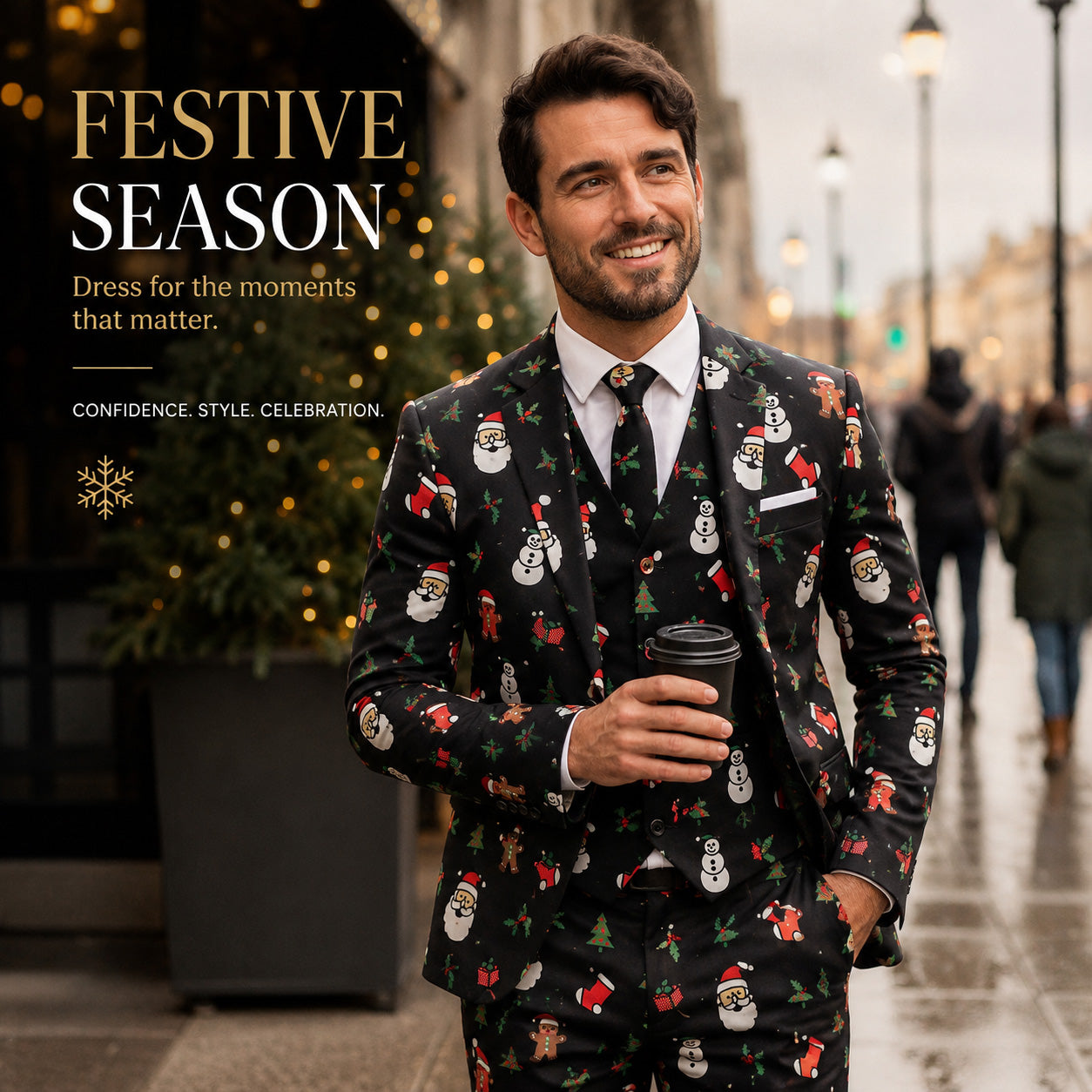 Festive season holiday banner featuring men's Christmas printed suit | WISHOLIC