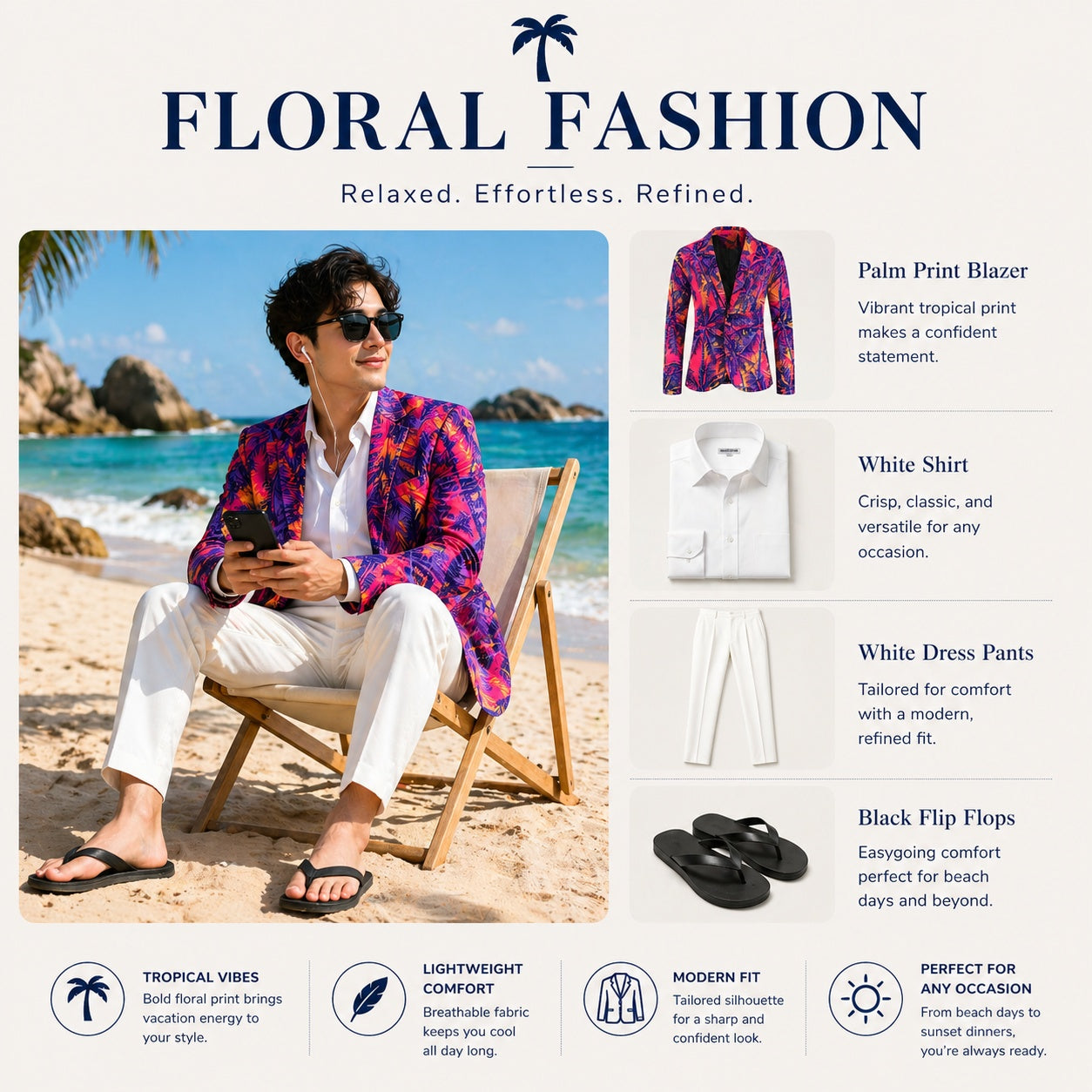 Beach Chic Look: WISHOLIC tropical blazer paired with a white shirt and white pants for a breezy, holiday-ready aesthetic.