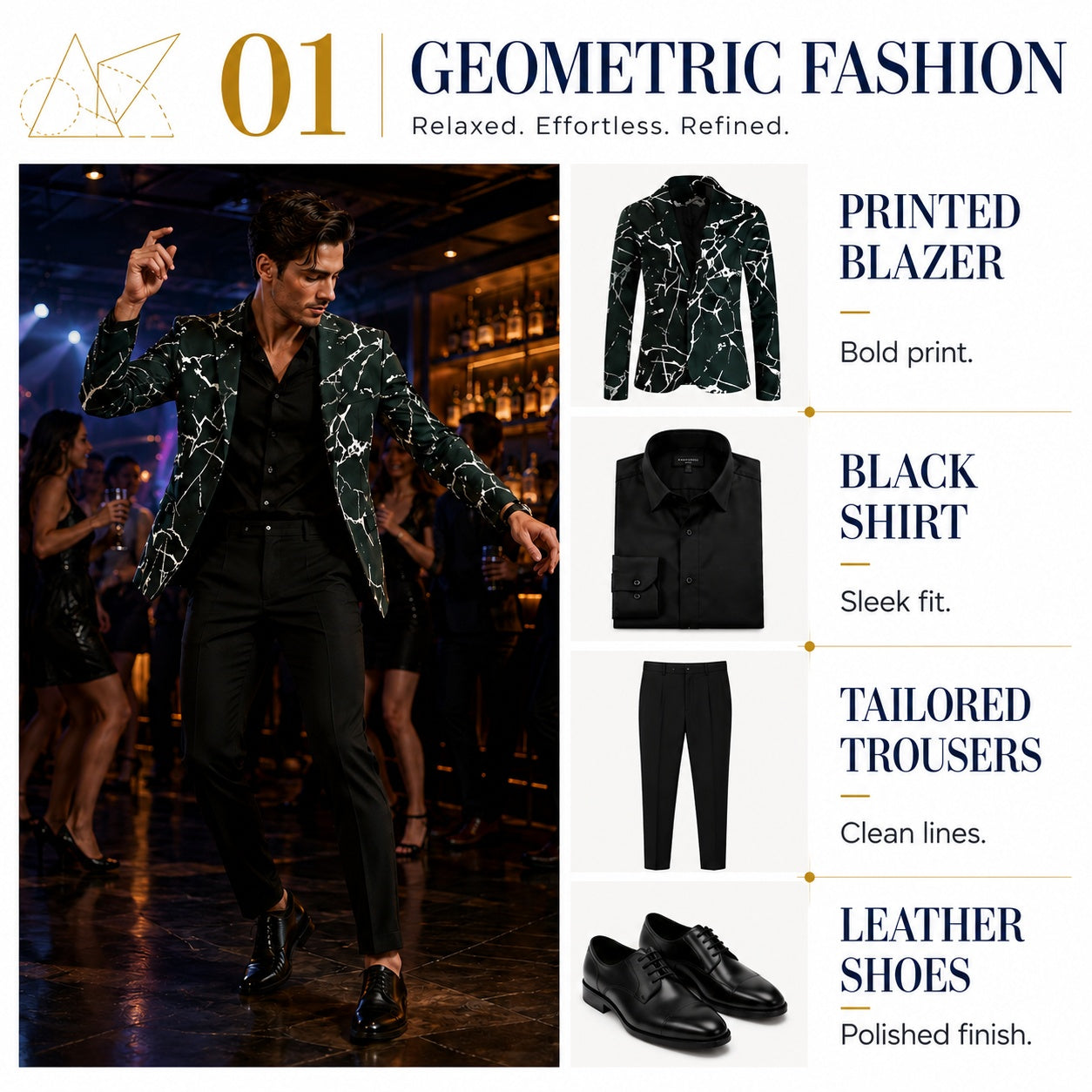 Wisholic Geometric Fashion lookbook 01 featuring an artistic green printed blazer paired with black trousers for an effortless nightlife party look.