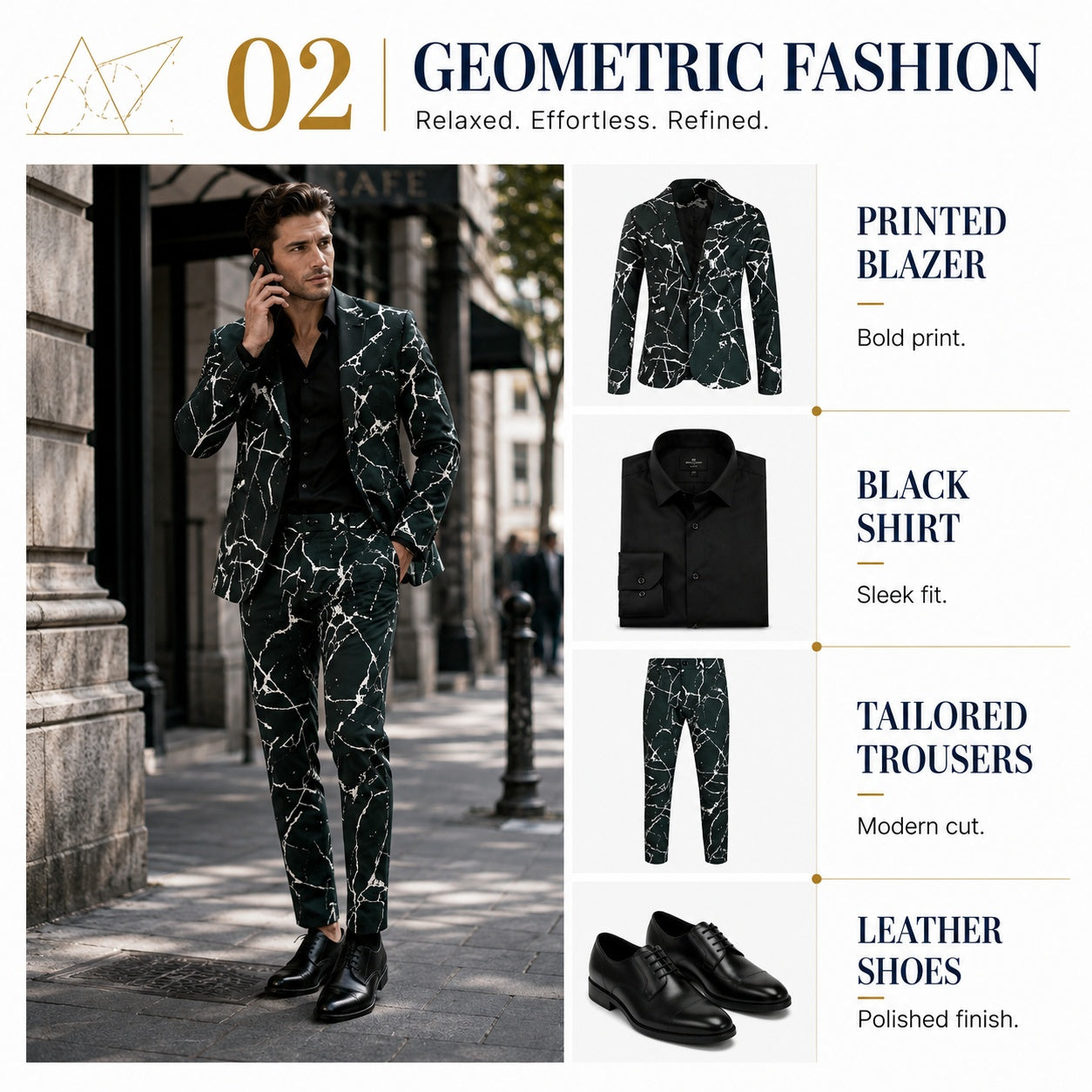Wisholic Geometric Fashion lookbook 02 showcasing a green marble printed blazer, black sleek fit shirt, tailored trousers, and polished leather shoes.