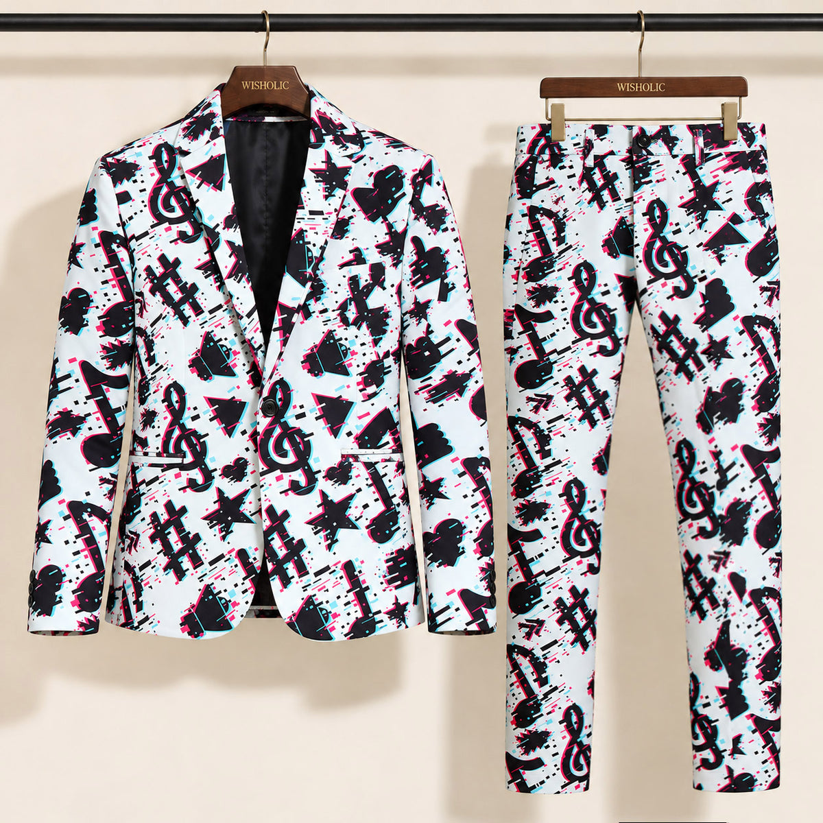 Wisholic glitch musical notes suit jacket and matching trousers displayed on wooden hangers[cite: 15]