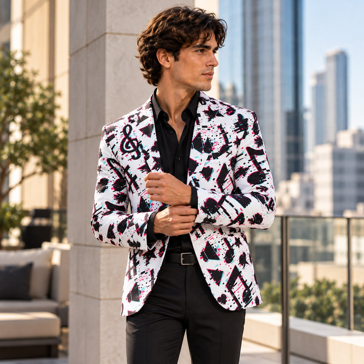 Wisholic glitch musical notes blazer paired with solid black trousers on a modern city balcony[cite: 19]