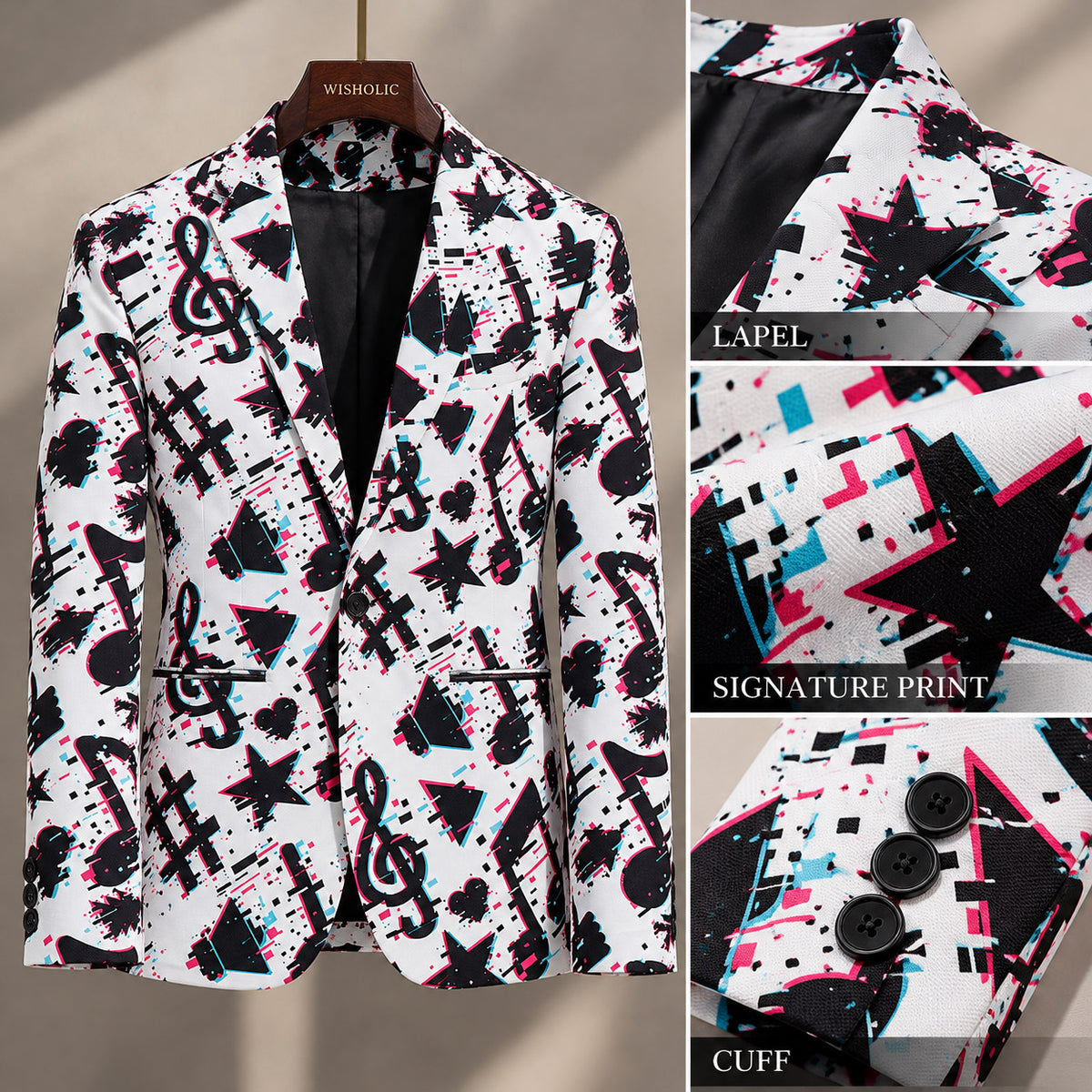Detailed view of the lapel print, buttons, and craftsmanship on the Wisholic glitch musical notes blazer[cite: 20]