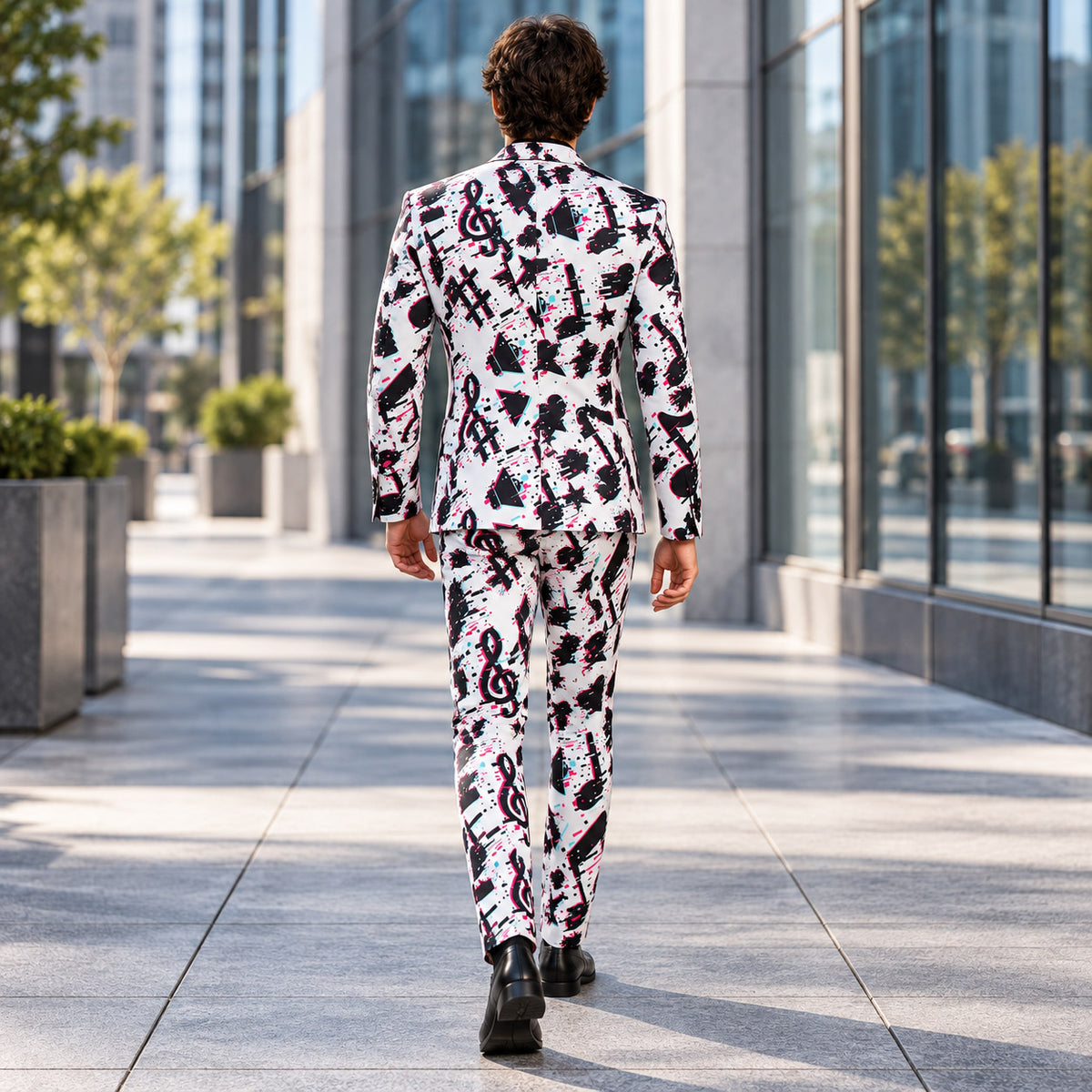 Back view of the tailored Wisholic glitch musical notes printed blazer and tapered suit pants[cite: 18]