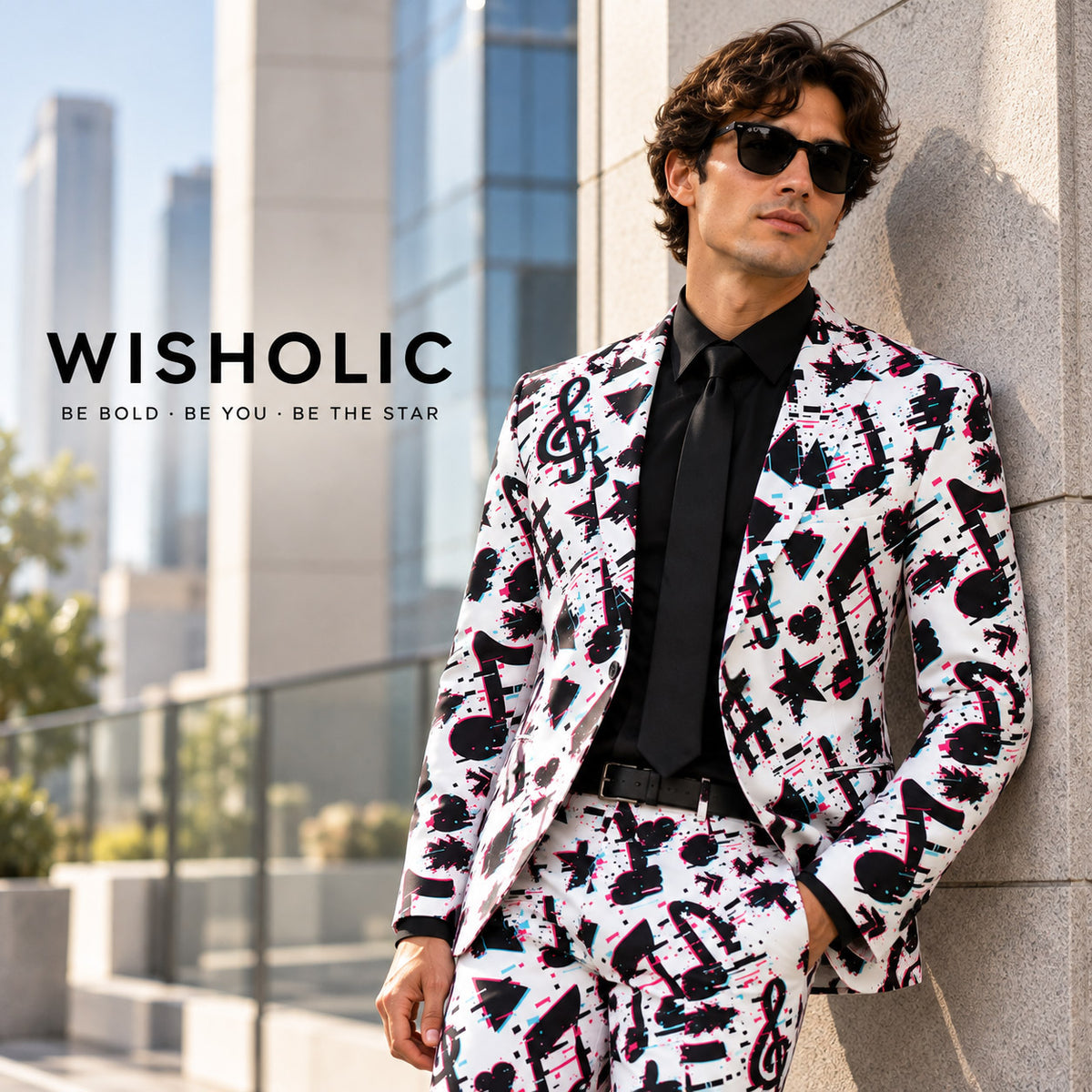 Wisholic brand campaign visual featuring a man in the glitch musical notes suit leaning against an outdoor column[cite: 21]