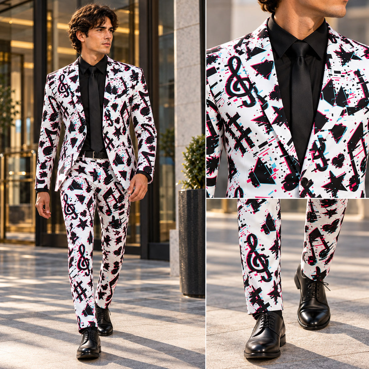Full-body and close-up collage of the Wisholic cyber glitch musical notes print tailored suit[cite: 17]