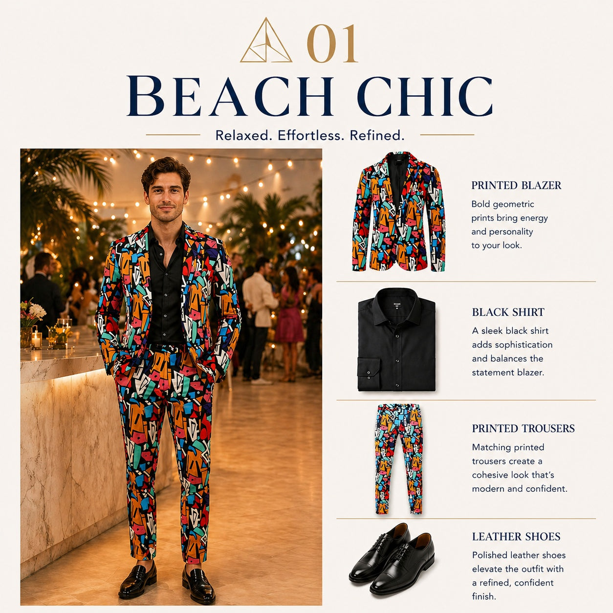 Style guide for Wisholic graffiti print blazer with black shirt and trousers for a beach chic look.