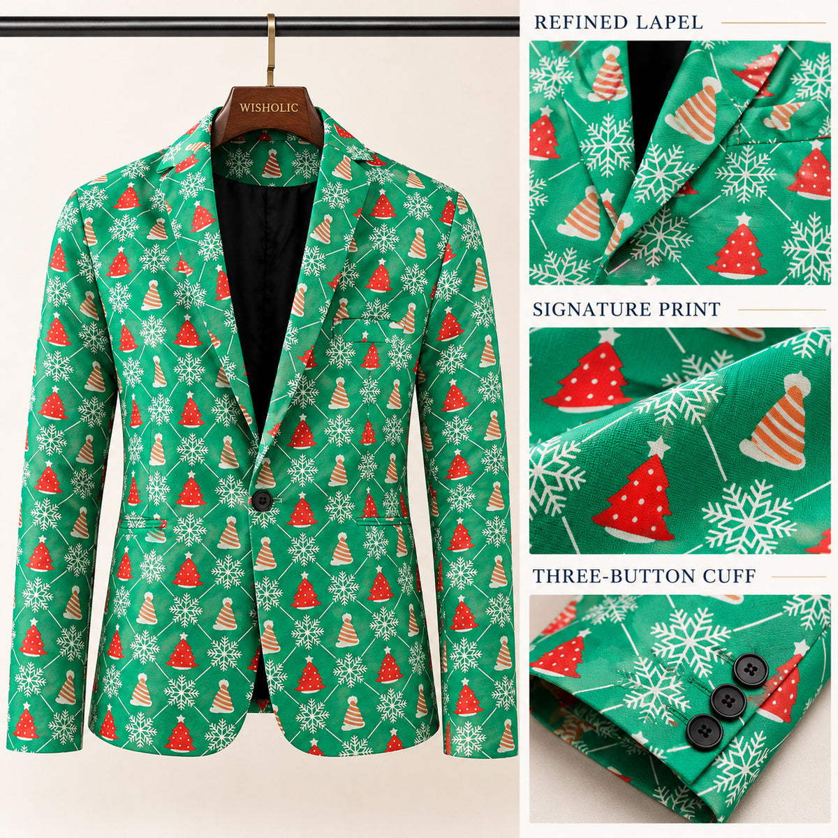 Close-up product details of Wisholic green Christmas blazer showcasing notch lapel, holiday print fabric, and cuff buttons