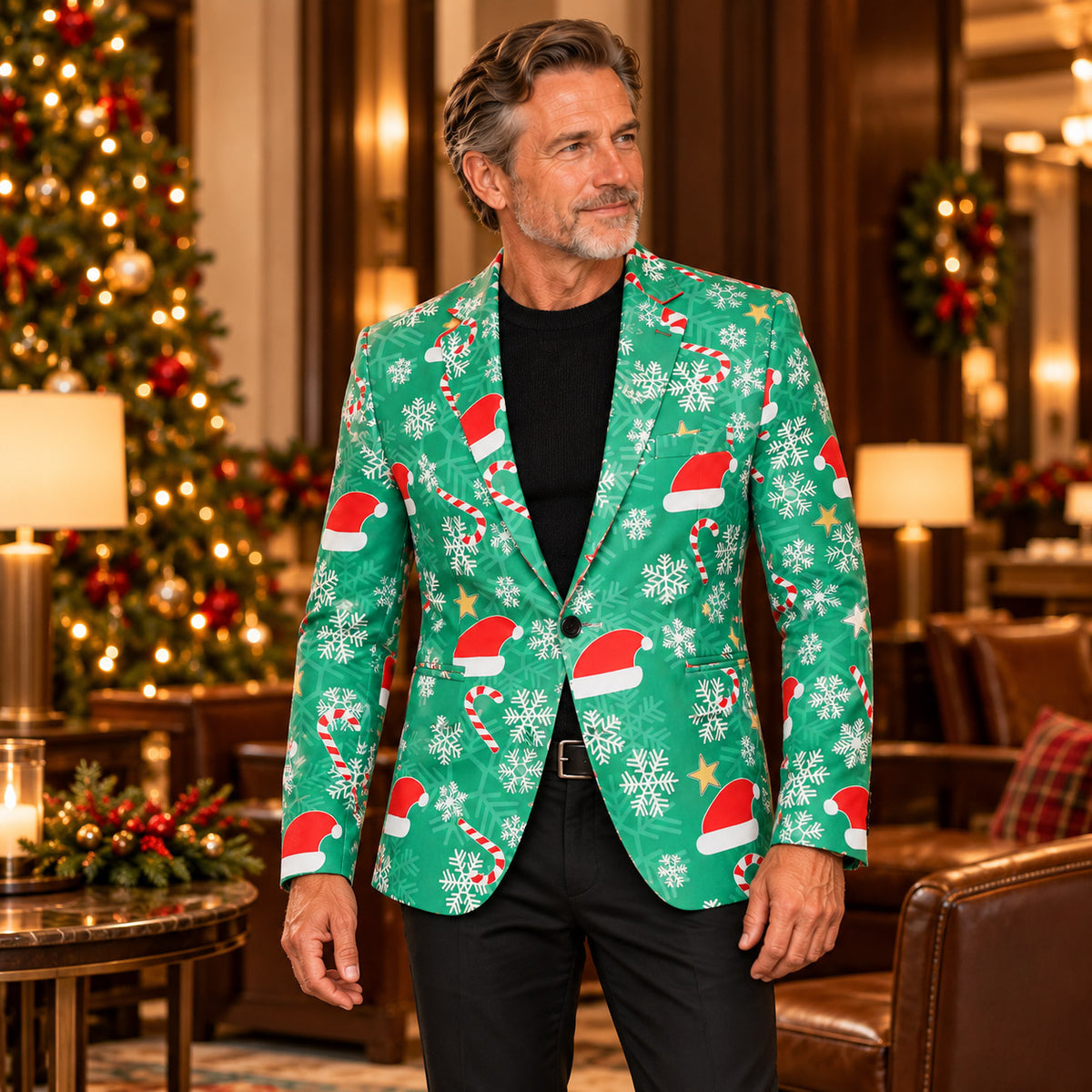 Wisholic green Christmas statement blazer styled with black dress pants by the holiday tree