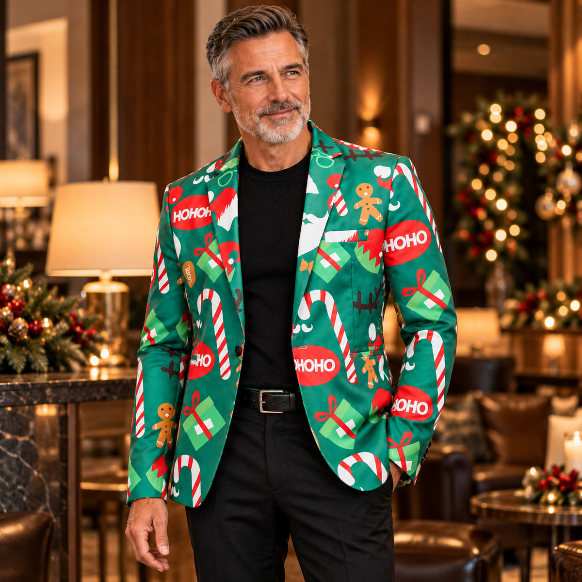 Wisholic green Christmas novelty blazer jacket styled with black tailored pants for holiday cocktail parties.