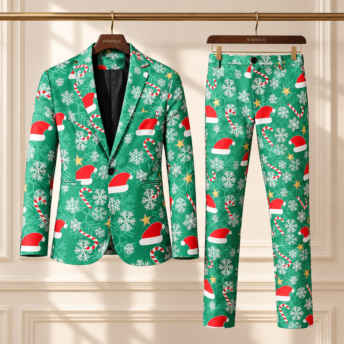 Wisholic green festive printed 2-piece Christmas suit set with blazer and trousers on hangers