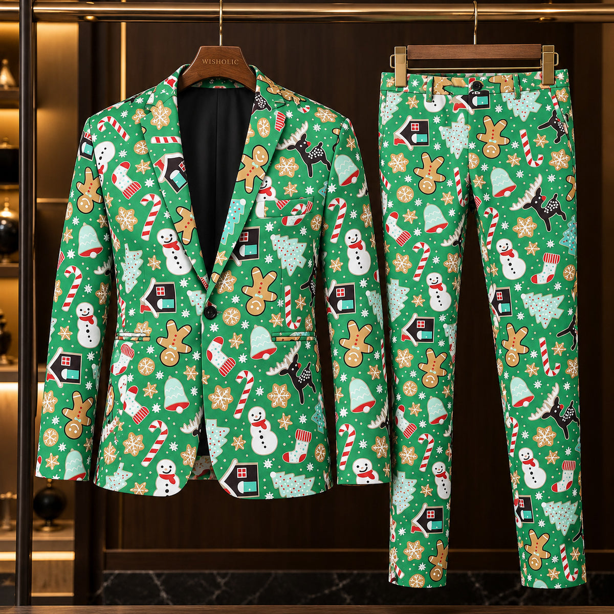 Wisholic green Christmas suit set with printed blazer and matching trousers displayed on hangers.