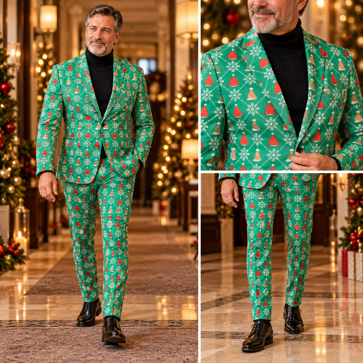 Wisholic men's festive green patterned suit showing full-length walk view, lapel, and trouser fit details