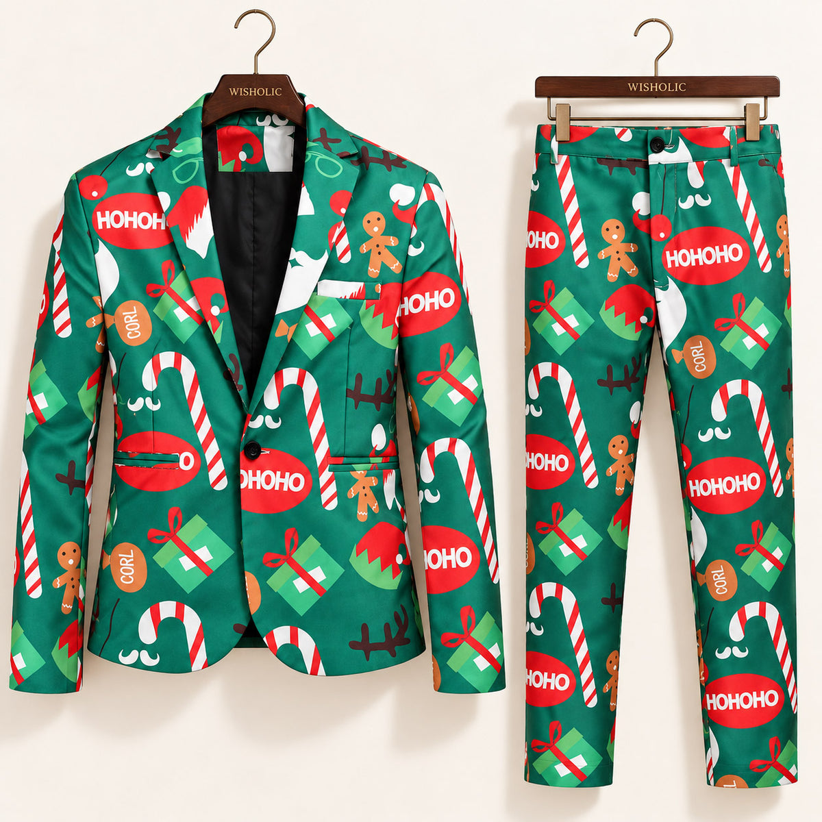 Wisholic green festive Christmas printed suit jacket and trousers set with Ho Ho Ho, candy cane, and gift box motifs.